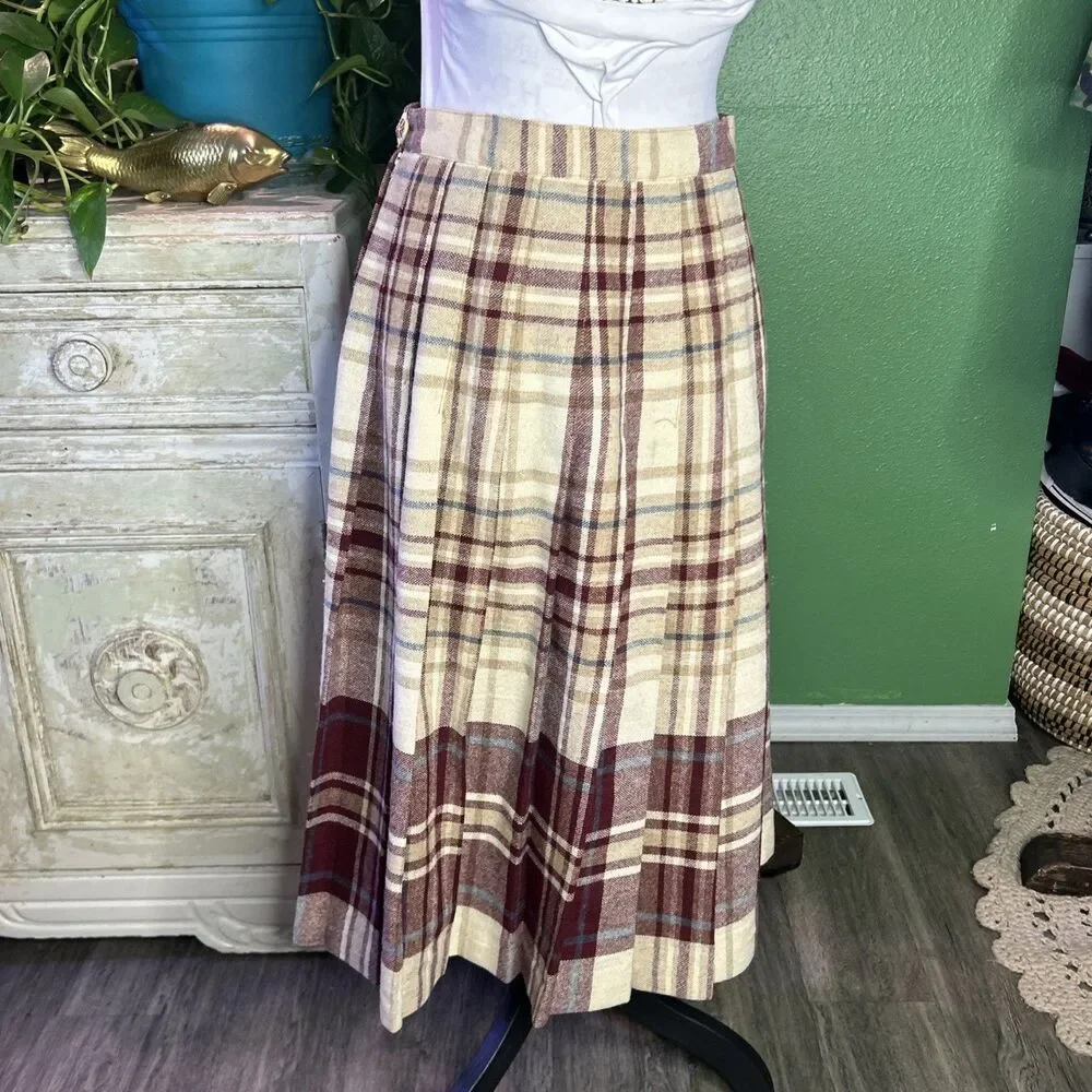Vtg Wool Blend Pleated Midi Cream Plaid Skirt Union Made 11/12 Academia